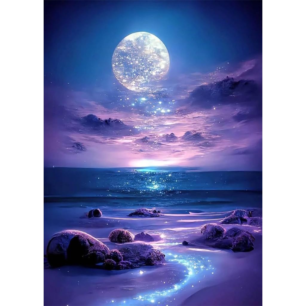 HASTHIP® DIY 5D Diamond Painting Art Kit Dreamy Beach Purple Moonlit Night Diamond Painting Beginner DIY 5D Diamond Painting for Home Decor, No Frame Wall Decor 5D Diamond Painting, 12 x 16 Inch HASTHIP® DIY 5D Diamond Painting Art Kit Dreamy Beach Purple Moonlit Night Diamond Painting Beginner DIY 5D Diamond Painting for Home Decor, No Frame Wall Decor 5D Diamond Painting, 12 x 16 Inch
